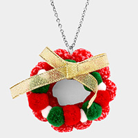 Bow Pom Pom Wreath Long Pendant Necklace