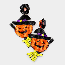 Flower Seed Bead Pumpkin Witch Earrings