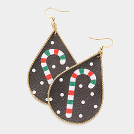 Candy Cane Print Faux Leather Teardrop Earrings