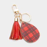 Tartan Check Print Faux Leather Teardrop Tassel Keychain