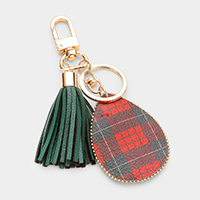 Plaid Check Print Faux Leather Teardrop Tassel Keychain