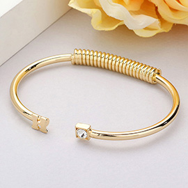 -H- Monogram Brass Metal Round Stone Tip Cuff Bracelet