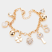 Rhinestone Embellished Key Lock No. 5 Metal Clover Charm Bracelet