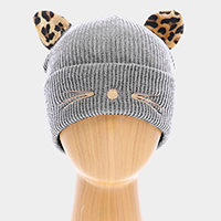 Cable Knit Leopard Pattern Cat Ear Beanie Hat