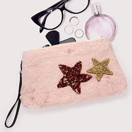 Star Patches Fuzzy Faux Fur Wristlet Clutch Bag