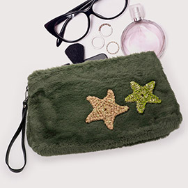 Star Patches Fuzzy Faux Fur Wristlet Clutch Bag