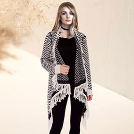 Chevron Zigzag Pattern Fringe Knit Cardigan