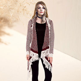 Chevron Zigzag Pattern Fringe Knit Cardigan