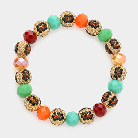 Leopard Pattern Shamballa Ball Faceted Bead Stretch Bracelet