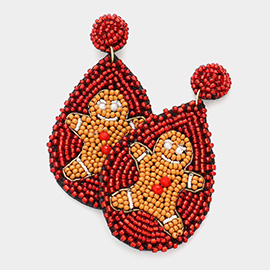 Felt Back Seed Bead Gingerbread Man Accented Teardrop Earrings