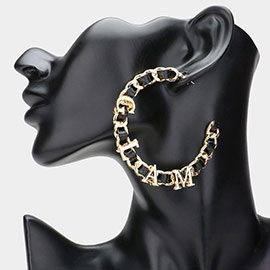 Glam Message Faux Black Leather Metal Chain Hoop Earrings