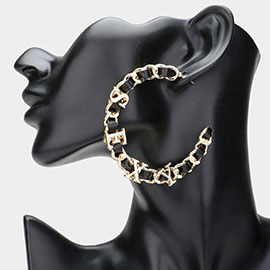 Sexy Message Faux Black Leather Metal Chain Hoop Earrings