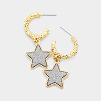 Textured Metal Half Hoop Druzy Star Dangle Earrings