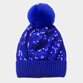 Sequin Embellished Pom Pom Beanie Hat