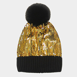 Sequin Embellished Pom Pom Beanie Hat