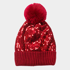 Sequin Embellished Pom Pom Beanie Hat