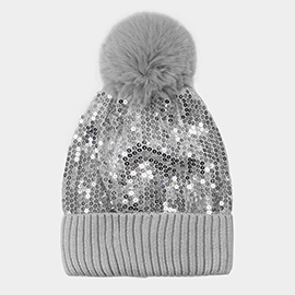 Sequin Embellished Pom Pom Beanie Hat