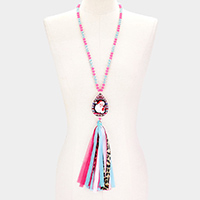 Stone Trim Santa Claus Serape Print Metal Teardrop Tassel Pendant Long Necklace