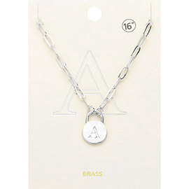 -A- Brass Metal Monogram Lock Pendant Necklace