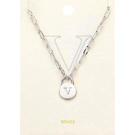 -V- Brass Metal Monogram Lock Pendant Necklace