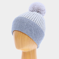 Solid Knit Faux Fur Pom Pom Beanie Hat