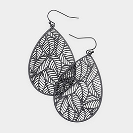 Filigree Leaf Detail Brass Metal Teardrop Dangle Earrings