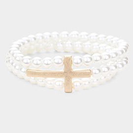 Metal Cross Accented Triple Layered Semi Precious Stretch Bracelet