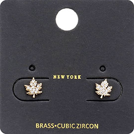 CZ Stone Embellished Brass Metal Maple Leaf Stud Earrings