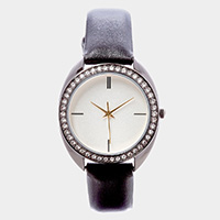 Rhinestone Trim Round Dial Faux Leather Band Watch