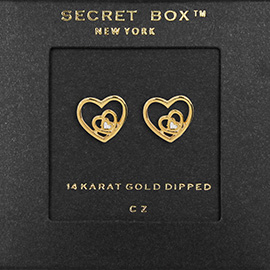 SECRET BOX_14K Gold Dipped CZ Triple Metal Heart Stud Earrings