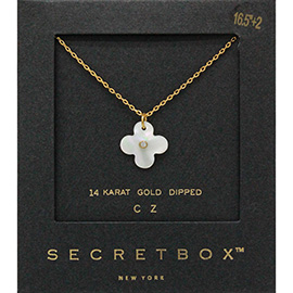 SECRET BOX_14K Gold Dipped CZ Mother of Pearl Quatrefoil Pendant Necklace