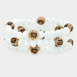 3PCS - Leopard Pattern Shamballa Ball Faceted Bead Stretch Bracelets