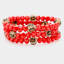 3PCS - Leopard Pattern Shamballa Ball Faceted Bead Stretch Bracelets