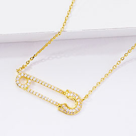 Gold Dipped CZ Safety Pin Pendant Necklace