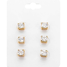 3Pairs - Square Stone Stud Earrings