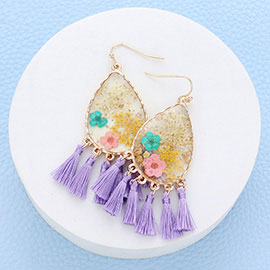 Pressed Flower Lucite Teardrop Tassel Dangle Earrings