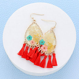 Pressed Flower Lucite Teardrop Tassel Dangle Earrings