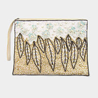 Pearl Sequin Flower Seed Beaded Leaf Wristlet Clutch Bag