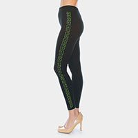 Greek Pattern Rhinestone Pave Lines Detail Leggings