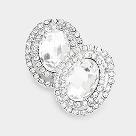 Rhinestone Trim Oval Stone Stud Evening Earrings