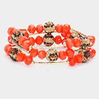 3PCS - Leopard Patterned Shamballa Ball Faceted Beaded Stretch Bracelets