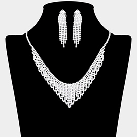 V Shaped Rhinestone Pave Necklace Clip On Earring Set