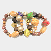 3PCS - Patterned Colorful Wood Accented Stretch Bracelets