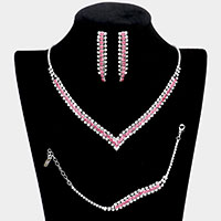 3PCS - Round Stone Detail Rhinestone Necklace Jewelry Set