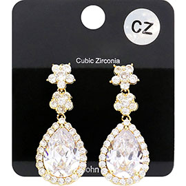 CZ Flower Detail Teardrop Dangle Evening Earrings