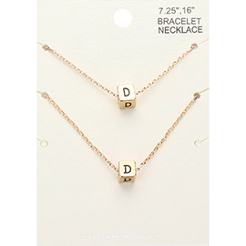 2PCS - -D- Monogram Metal Cube Pendant Necklace / Bracelet Set