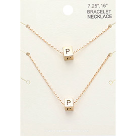 2PCS - -P- Monogram Metal Cube Pendant Necklace / Bracelet Set