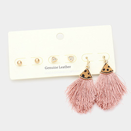 3Pairs - Metal Ball Rhinestone Triangle Fan Shaped Cheetah Patterned Genuine Leather Tassel Fringe Earrings