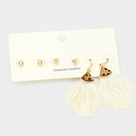 3Pairs - Metal Ball Rhinestone Triangle Fan Shaped Cheetah Patterned Genuine Leather Tassel Fringe Earrings