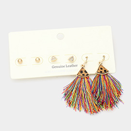 3Pairs - Metal Ball Rhinestone Triangle Fan Shaped Cheetah Patterned Genuine Leather Tassel Fringe Earrings